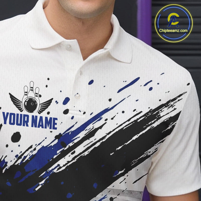 Black And Blue Splatter Paint Bowling Ball & Pins Shirts Custom Team Bowling Attire For Men NYN3447