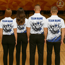 Load image into Gallery viewer, Black And Blue Splatter Paint Bowling Ball &amp; Pins Shirts Custom Team Bowling Attire For Women NYN3447