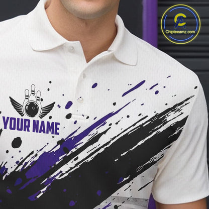 Black And Purple Splatter Paint Bowling Ball & Pins Shirts Custom Team Bowling Attire For Men NYN3448