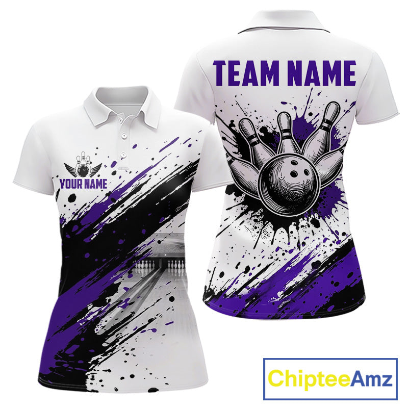 Black and purple splatter paint bowling ball and pins shirt for women custom bowling attire