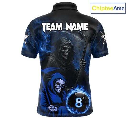 Blue Flames 8 Ball Pool Billiard Team Shirt For Men Custom Grim Reaper Billiard Balls Jerseys NYN2440