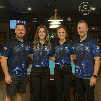 Blue Flames 8 Ball Pool Billiard Team Shirt For Women Custom Grim Reaper Billiard Balls Jerseys NYN2440