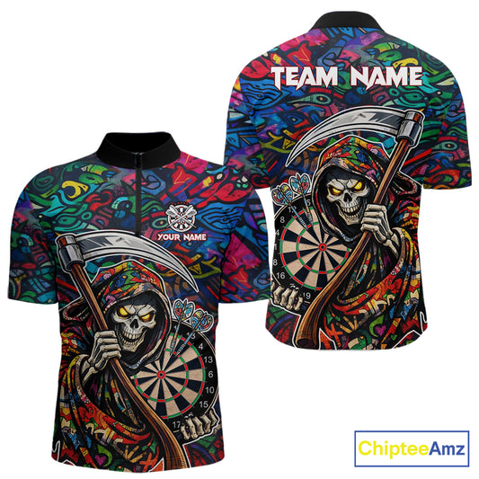 Graffiti Grim Reaper Dartboard & Arrow Darts Quarter-Zip Shirt For Men Custom Funny Dart Team Shirt NYN2658