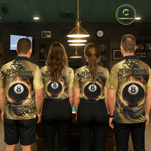 Load image into Gallery viewer, Custom Black And Gold Splatter Billiard Pool Shirts For Women Flame 8 Ball Billiard Team Attire NYN3018
