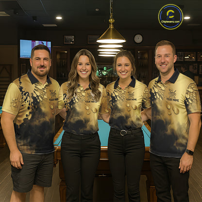 Custom Black And Gold Splatter Billiard Pool Shirts For Women Flame 8 Ball Billiard Team Attire NYN3018