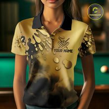 Load image into Gallery viewer, Custom Black And Gold Splatter Billiard Pool Shirts For Women Flame 8 Ball Billiard Team Attire NYN3018