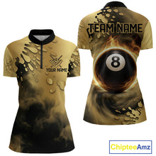 Load image into Gallery viewer, Custom Black And Gold Splatter Billiard Pool Shirts For Women Flame 8 Ball Billiard Team Attire NYN3018