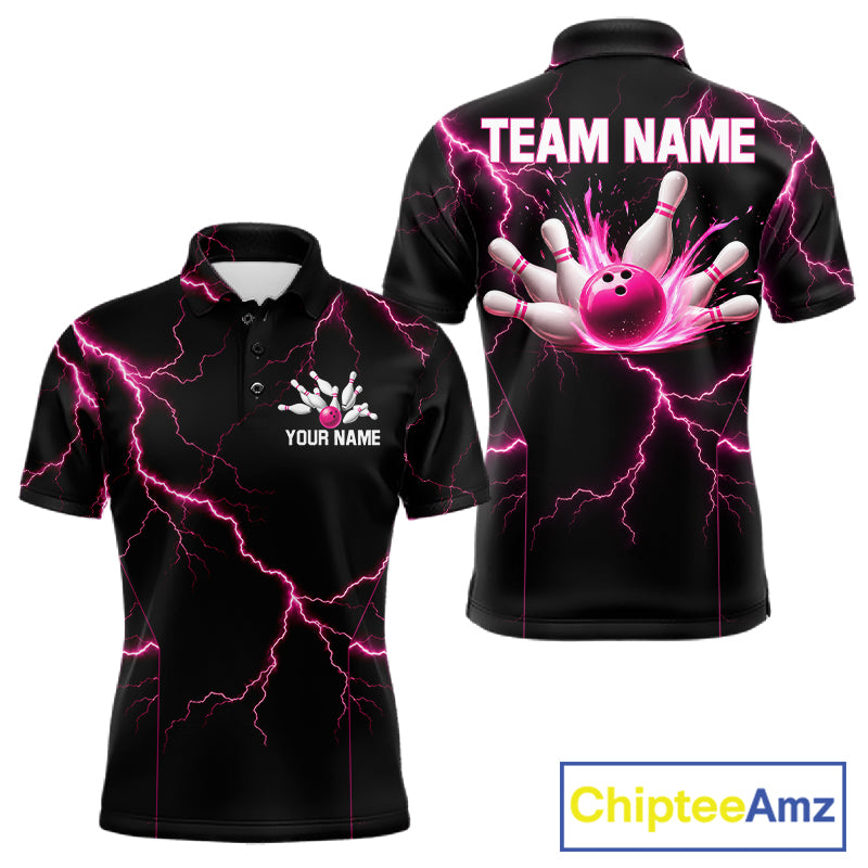 Thunder Lightning Men Bowling Shirt Custom Pink Splatter Bowling Ball & Pins Team Shirts NYN3192