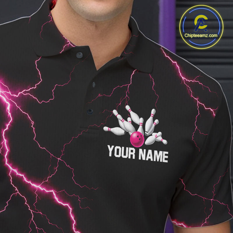 Thunder Lightning Men Bowling Shirt Custom Pink Splatter Bowling Ball & Pins Team Shirts NYN3192