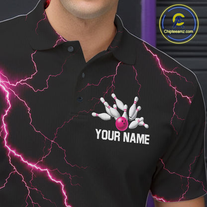 Thunder Lightning Men Bowling Shirt Custom Pink Splatter Bowling Ball & Pins Team Shirts NYN3192