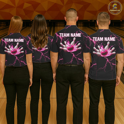 Thunder Lightning Men Bowling Shirt Custom Pink Splatter Bowling Ball & Pins Team Shirts NYN3192