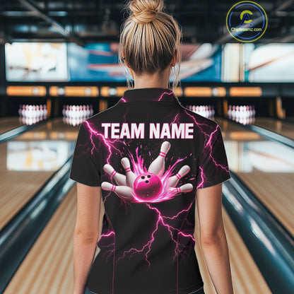 Thunder Lightning Women Bowling Shirt Custom Pink Splatter Bowling Ball & Pins Team Shirts NYN3192