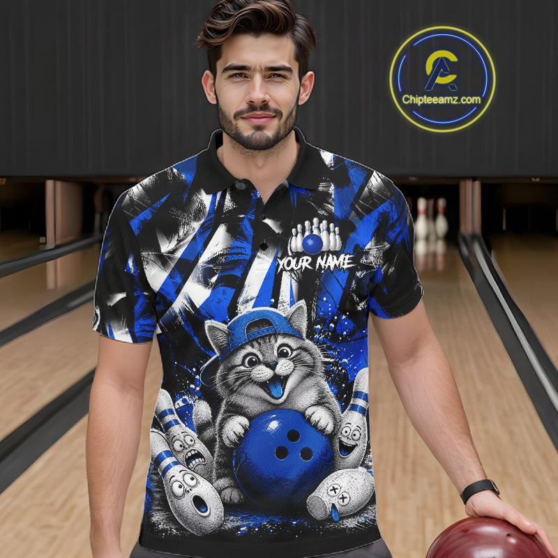 Funny Cat Blue & White Grunge Bowling Jersey For Men Custom Bowling Tournament Bowling Team Shirts NYN3198