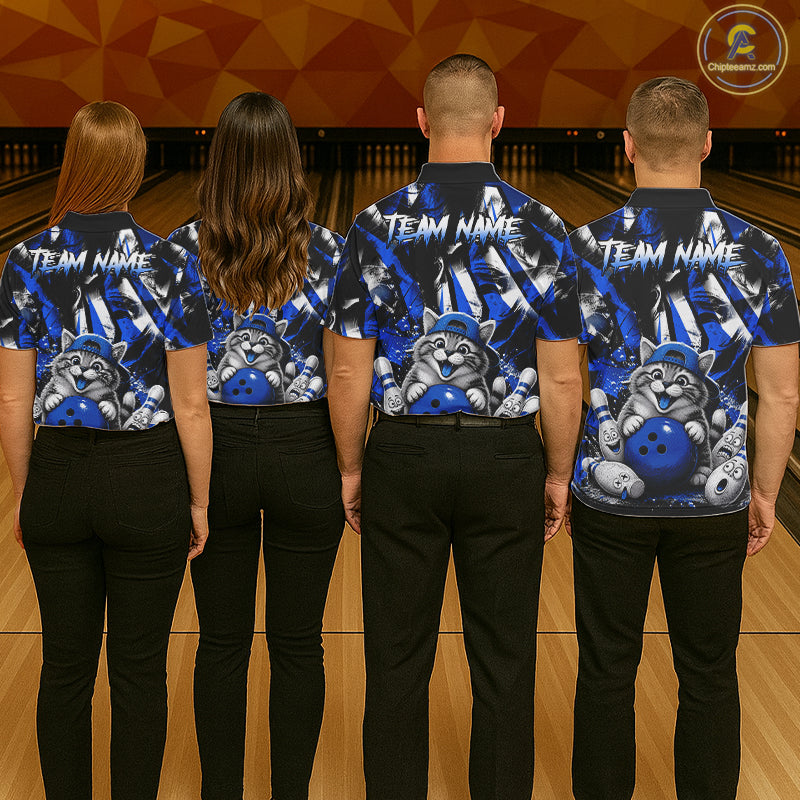 Funny Cat Blue & White Grunge Bowling Jersey For Men Custom Bowling Tournament Bowling Team Shirts NYN3198