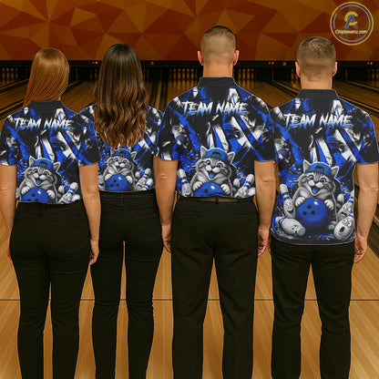 Funny Cat Blue & White Grunge Bowling Jersey For Men Custom Bowling Tournament Bowling Team Shirts NYN3198