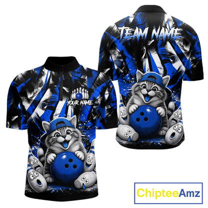 Funny Cat Blue & White Grunge Bowling Jersey For Men Custom Bowling Tournament Bowling Team Shirts NYN3198