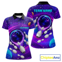 Load image into Gallery viewer, Women's purple blue abstract bowling polo shirt custom bowling team jersey mockup