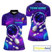 Load image into Gallery viewer, Women's purple blue abstract quarter zip bowling shirt custom bowling jersey mockup