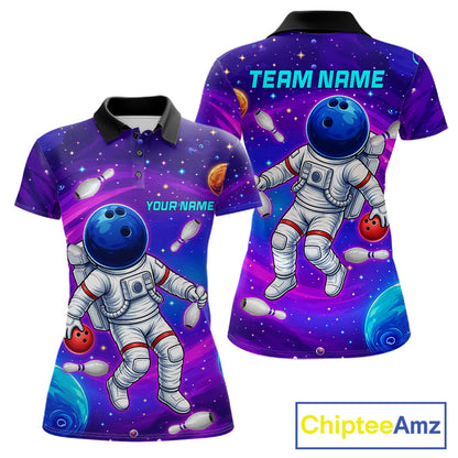 Women's funny astronaut galaxy bowling polo shirt custom bowling team jersey mockup