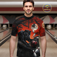Load image into Gallery viewer, Man wearing black red panther bowling shirt custom bowling apparel