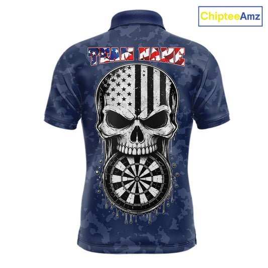 Patriotic American Flag Skull Eagle Camo Women's Darts Polo Shirt Mockup, Blue Custom USA Dart Team Jersey, Personalized Tournament Apparel