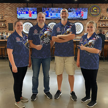 Load image into Gallery viewer, Dart team wearing Patriotic Skull Eagle Blue Custom Jerseys, USA Dart Tournament Team Uniforms