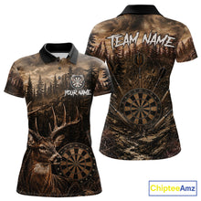 Load image into Gallery viewer, Funny Deer Women's Darts Polo Shirt Mockup, Brown Grunge Forest Dart Tournament Jersey, Personalized Hunting Dart Team Apparel