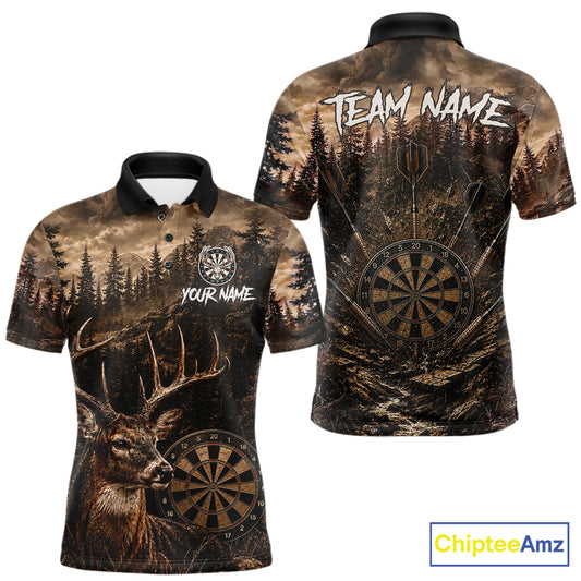 Funny Deer Men's Darts Polo Shirt Mockup, Brown Forest Dart League Jersey, Personalized Tournament Uniform