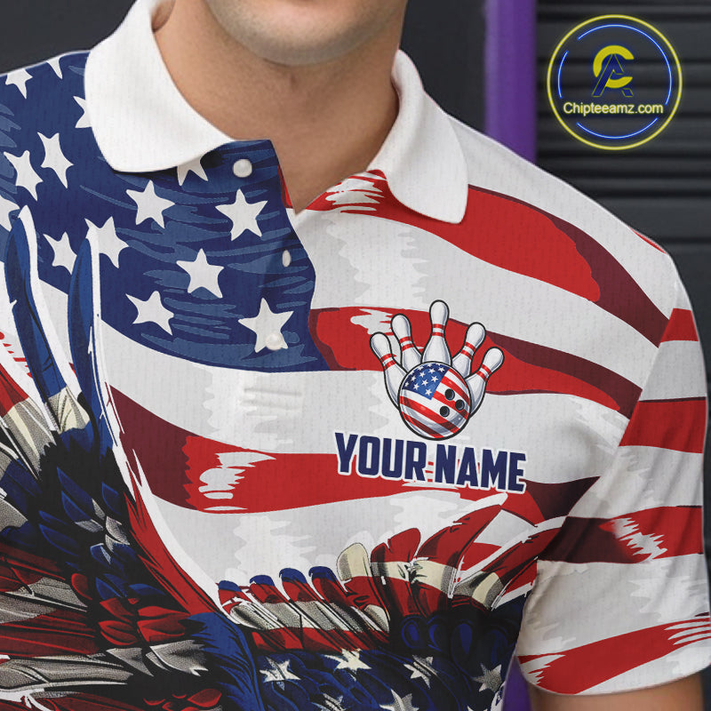 Red, White And Blue American Flag Eagle Bowling Shirts For Men Custom Patriot Bowling Team Jersey NYN4026