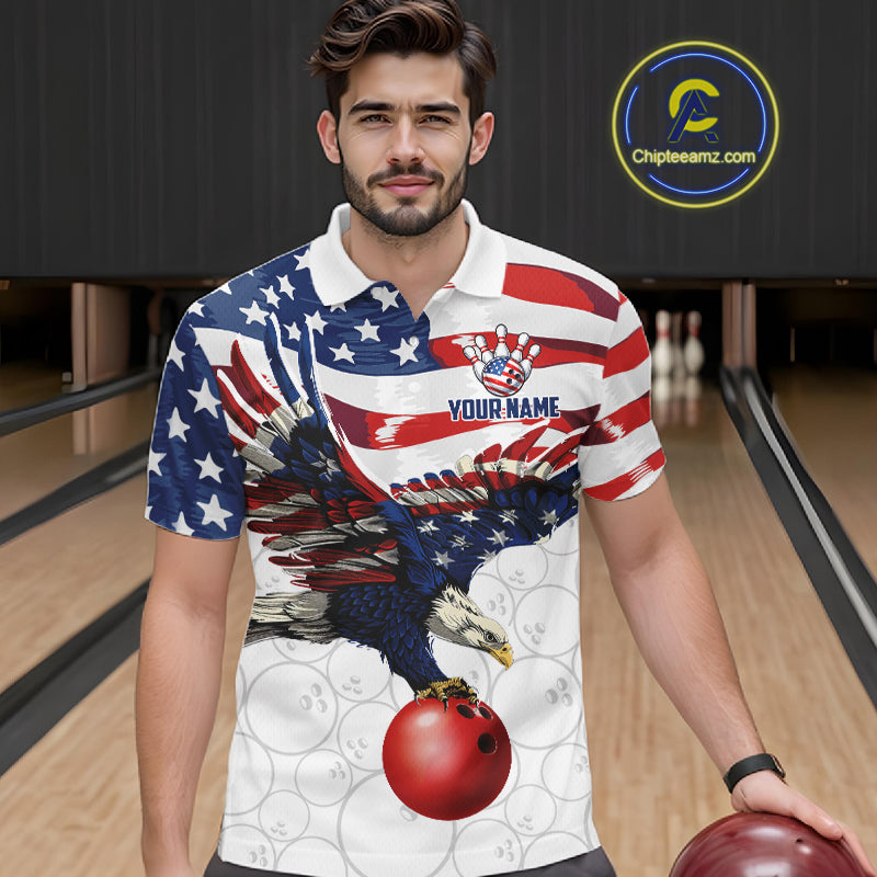 Red, White And Blue American Flag Eagle Bowling Shirts For Men Custom Patriot Bowling Team Jersey NYN4026