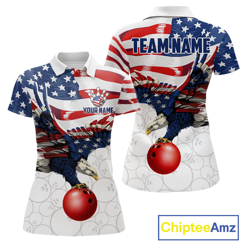 Red, White And Blue American Flag Eagle Bowling Shirts For Women Custom Patriot Bowling Team Jersey NYN4026