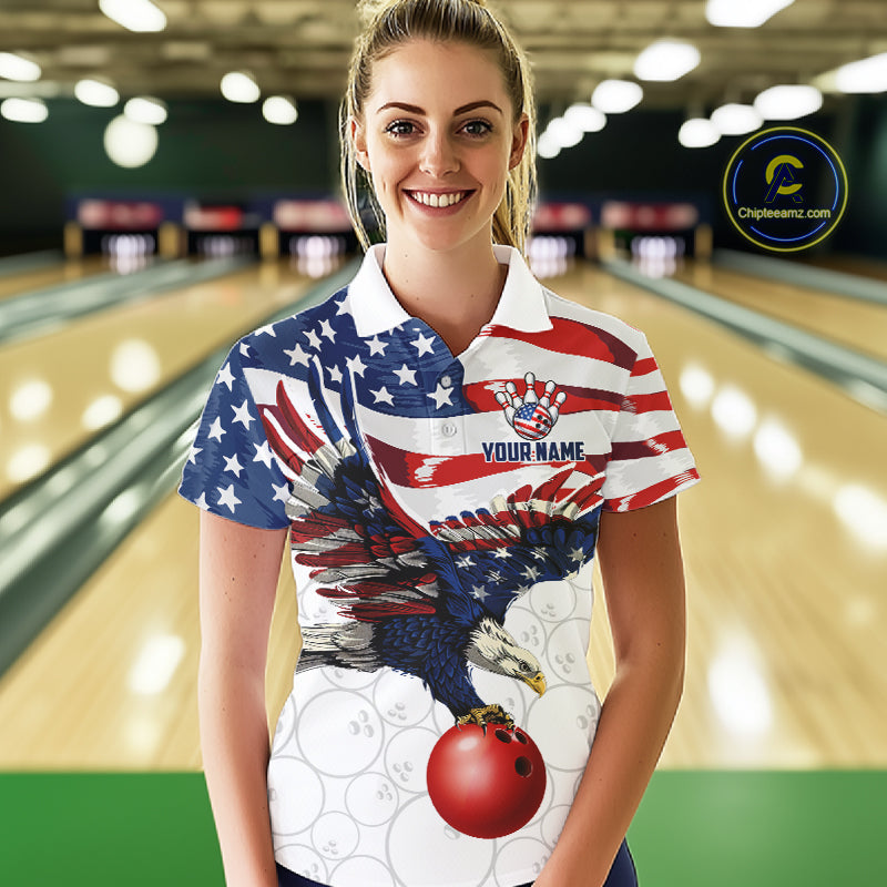 Red, White And Blue American Flag Eagle Bowling Shirts For Women Custom Patriot Bowling Team Jersey NYN4026