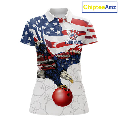 Red, White And Blue American Flag Eagle Bowling Shirts For Women Custom Patriot Bowling Team Jersey NYN4026