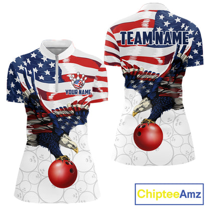 Red, White And Blue American Flag Eagle Bowling Shirts For Women Custom Patriot Bowling Team Jersey NYN4026