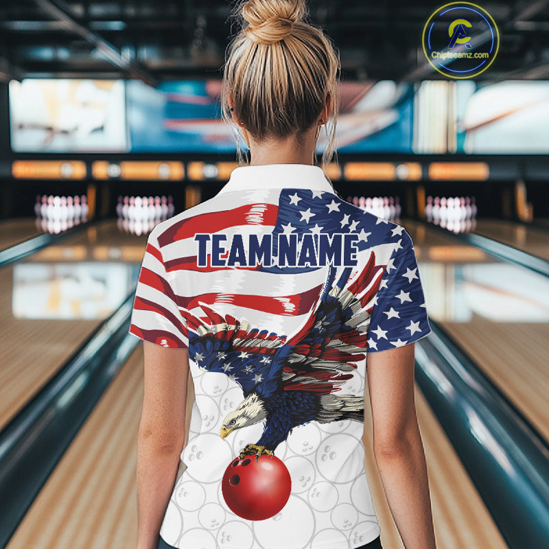 Red, White And Blue American Flag Eagle Bowling Shirts For Women Custom Patriot Bowling Team Jersey NYN4026