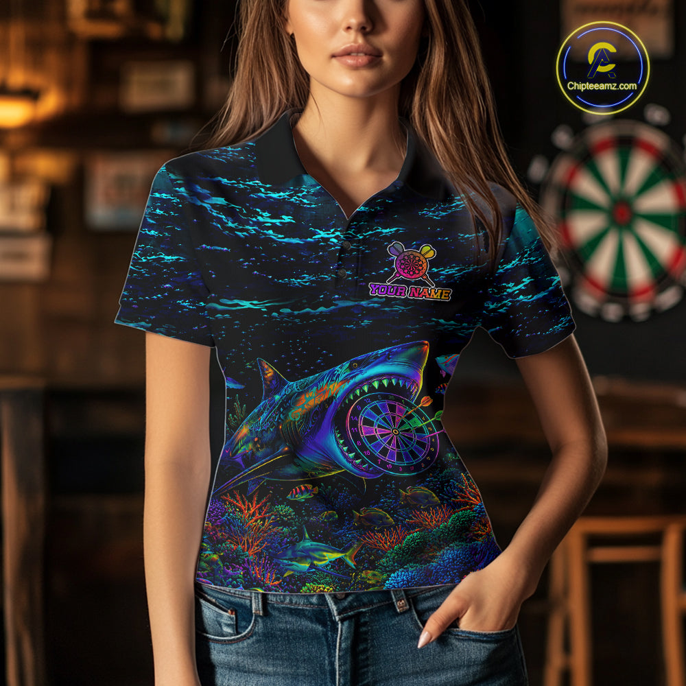 Personalized Ocean Blue Holographic Dartboard Womens Darts Shirt Custom Funny Shark Dart Team Jerseys NYN3203