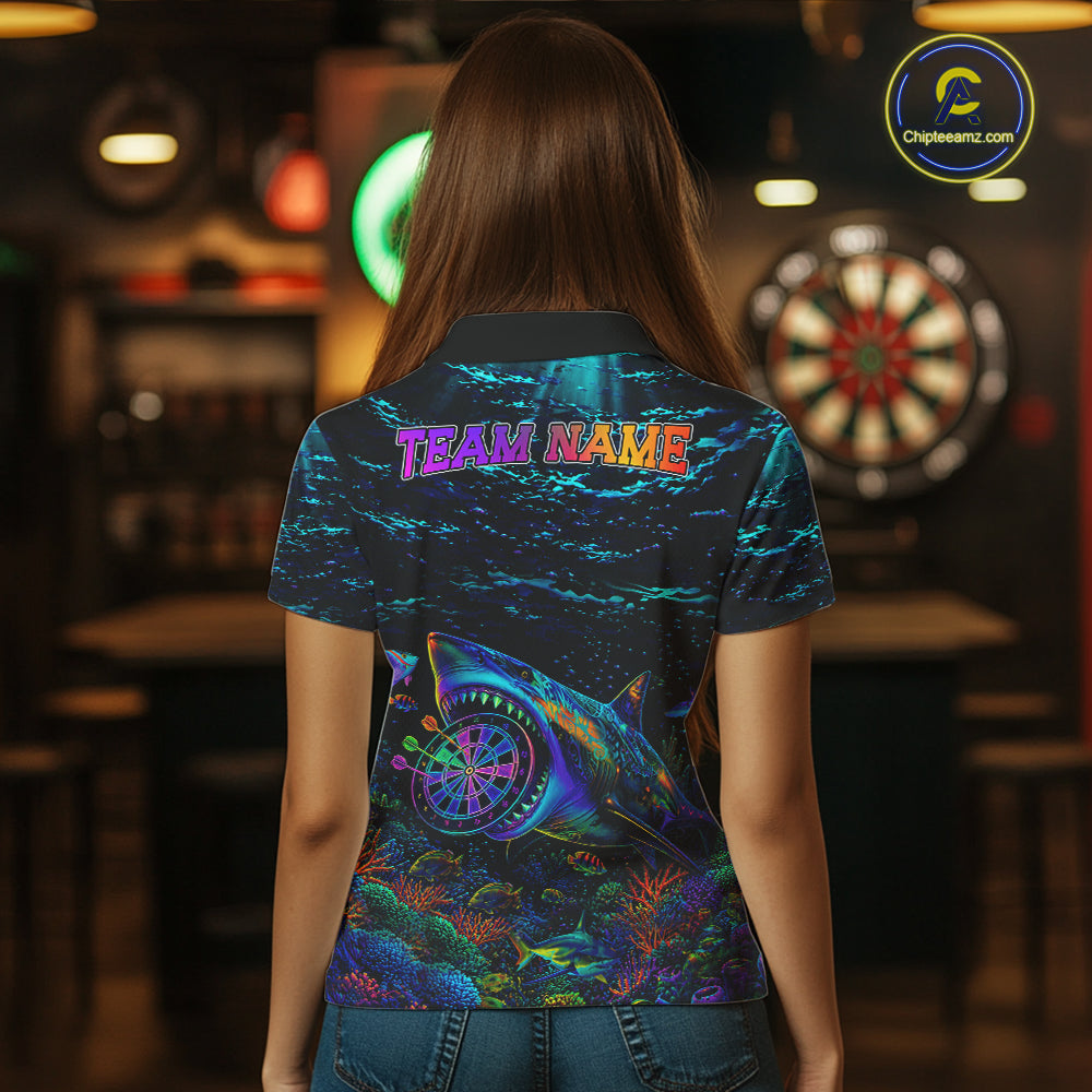 Personalized Ocean Blue Holographic Dartboard Womens Darts Shirt Custom Funny Shark Dart Team Jerseys NYN3203