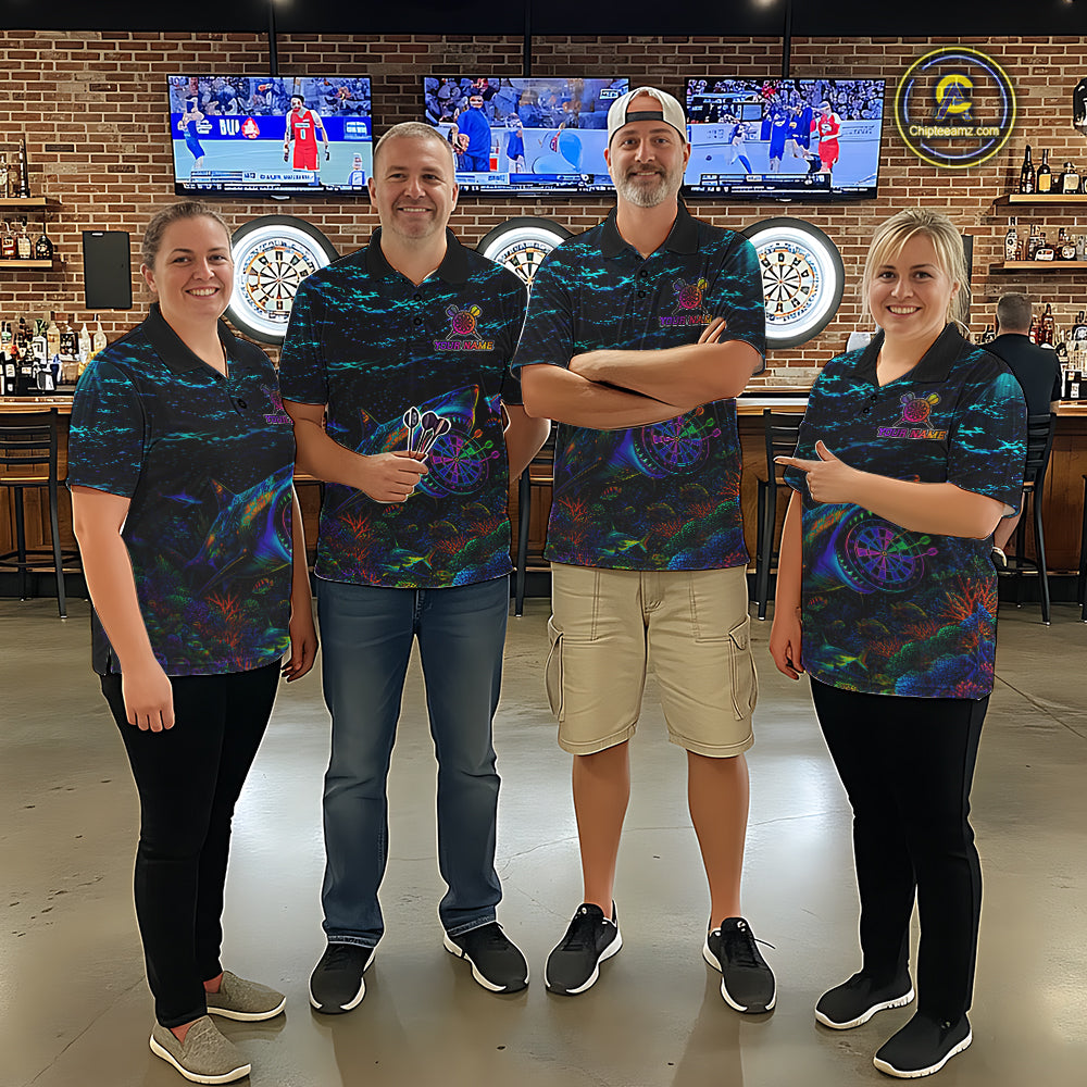 Personalized Ocean Blue Holographic Dartboard Mens Darts Shirt Custom Funny Shark Dart Team Jerseys NYN3203