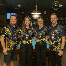 Load image into Gallery viewer, Matching Gold Tribal Crown billiard jerseys for men and women featuring luxury tribal artwork, personalized APA league uniforms, championship cue sports apparel symbolizing royalty, success, leadership, excellence and confidence, appealing to tattoo lovers, luxury fashion enthusiasts, fantasy art collectors and competitive pool players