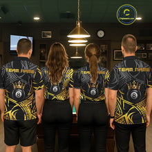 Load image into Gallery viewer, Matching Gold Tribal Crown billiard jerseys for men and women featuring luxury tribal artwork, personalized APA league uniforms, championship cue sports apparel symbolizing royalty, success, leadership, excellence and confidence, appealing to tattoo lovers, luxury fashion enthusiasts, fantasy art collectors and competitive pool players