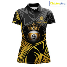 Load image into Gallery viewer, Gold Tribal Crown women's 9 Ball billiard polo featuring premium royal crown artwork, personalized 9 Ball tournament jersey, APA BCA cue sports apparel, custom championship pool team shirt, luxury athletic performance clothing