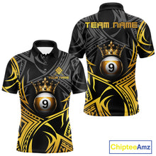 Load image into Gallery viewer, Gold Tribal Crown men's 9 Ball billiard polo featuring elegant crown graphics, tribal patterns, personalized pool league jersey, championship cue sports apparel, premium athletic performance uniform