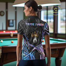 Load image into Gallery viewer, Female model wearing Holographic Tribal Crown billiard polo featuring iridescent crown artwork, personalized championship pool jersey, futuristic cue sports apparel designed for competitive league play