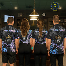 Load image into Gallery viewer, Matching Holographic Tribal Crown billiard jerseys for men and women featuring futuristic holographic tribal artwork and royal crown symbolism representing innovation, prestige, confidence and championship success, appealing to gamers, esports fans, fantasy collectors, tattoo enthusiasts, streetwear communities and professional cue sports teams