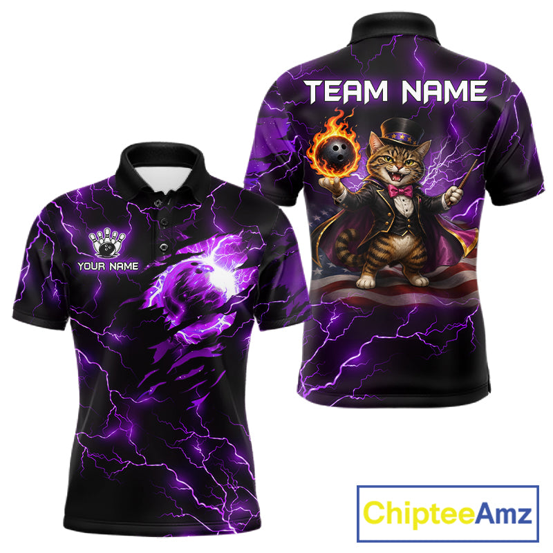 Magician Cat Flame Bowling Ball Funny Bowling Shirt For Men Custom Purple Thunder Bowling Team Jersey NYN4059