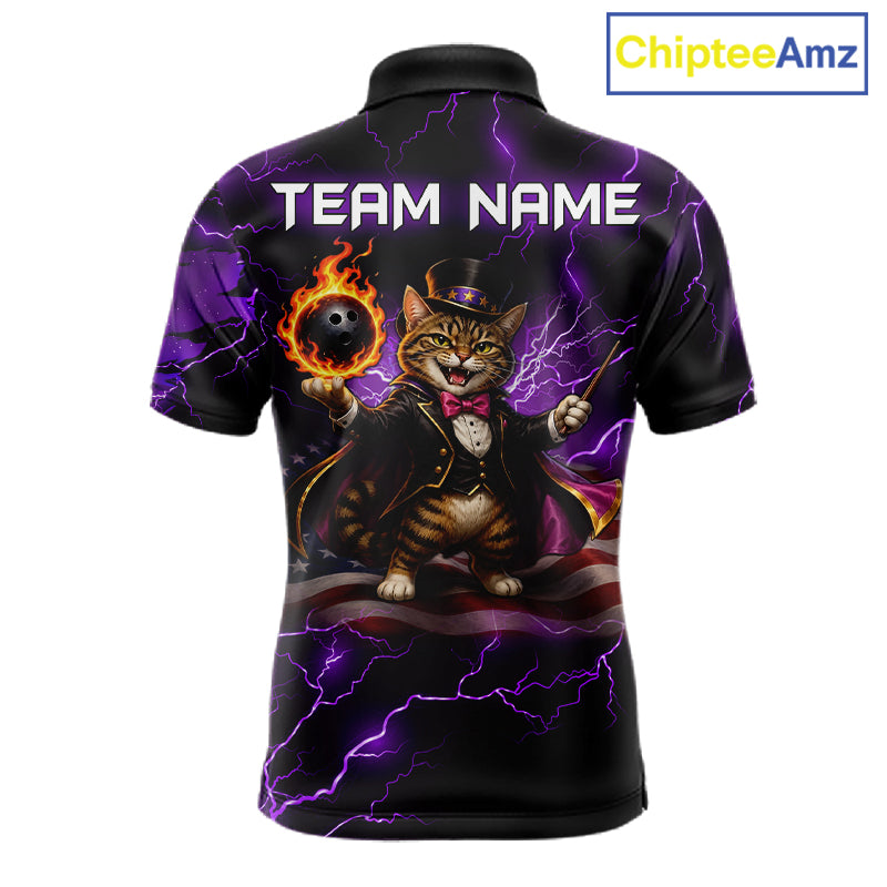 Magician Cat Flame Bowling Ball Funny Bowling Shirt For Men Custom Purple Thunder Bowling Team Jersey NYN4059