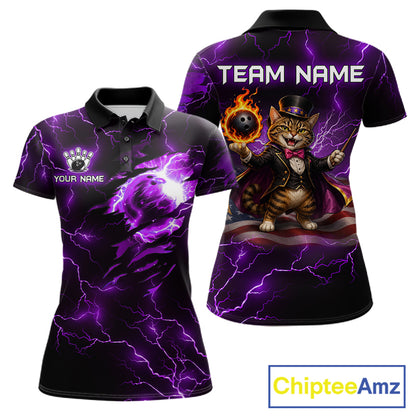 Magician Cat Flame Bowling Ball Funny Bowling Shirt For Women Custom Purple Thunder Bowling Team Jersey NYN4059