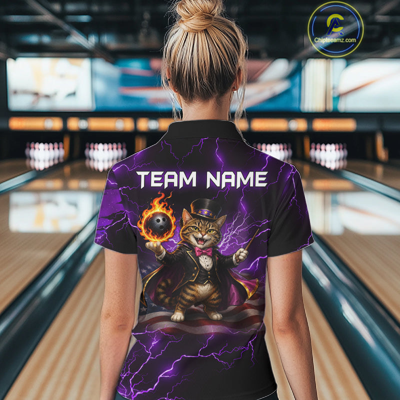 Magician Cat Flame Bowling Ball Funny Bowling Shirt For Women Custom Purple Thunder Bowling Team Jersey NYN4059