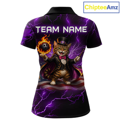 Magician Cat Flame Bowling Ball Funny Bowling Shirt For Women Custom Purple Thunder Bowling Team Jersey NYN4059