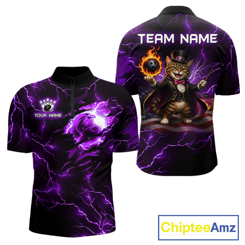 Magician Cat Flame Bowling Ball Funny Bowling Shirt For Men Custom Purple Thunder Bowling Team Jersey NYN4059